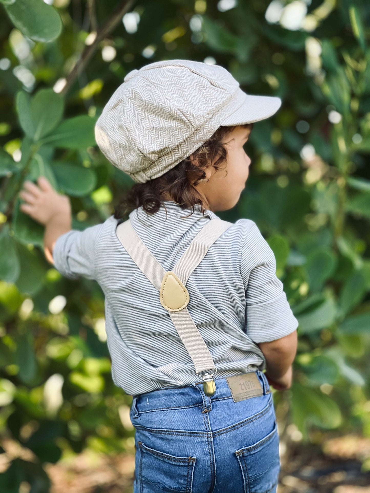 Applejack Newsboy Cap | Biscotti Bow Tie | Champagne Tan Suspenders Wedding Set for Boys