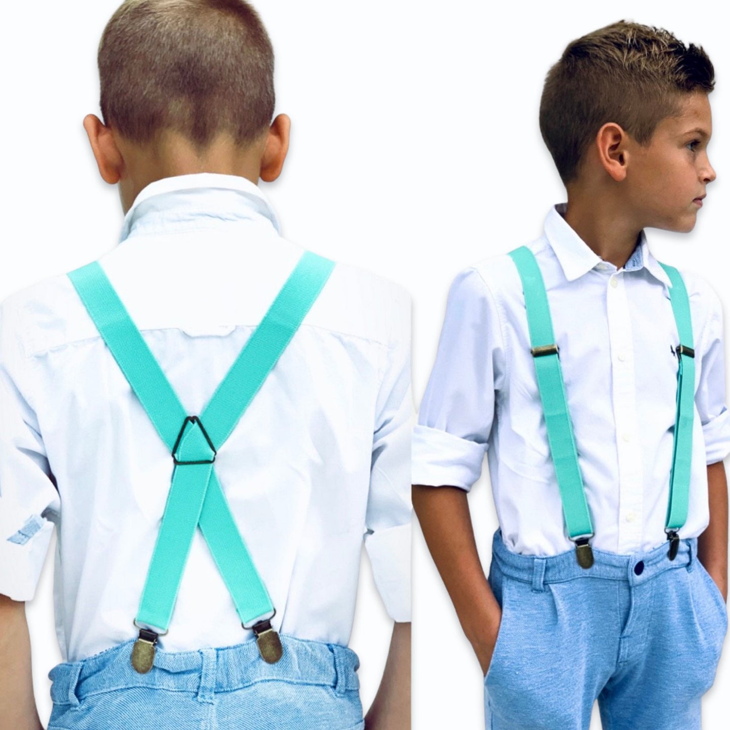 Turquoise Wedding Suspenders for Men | Dark Mint Groomsmen Suspenders | X-Back Style for Boys - Ring Bearer and Toddler Sizes Available