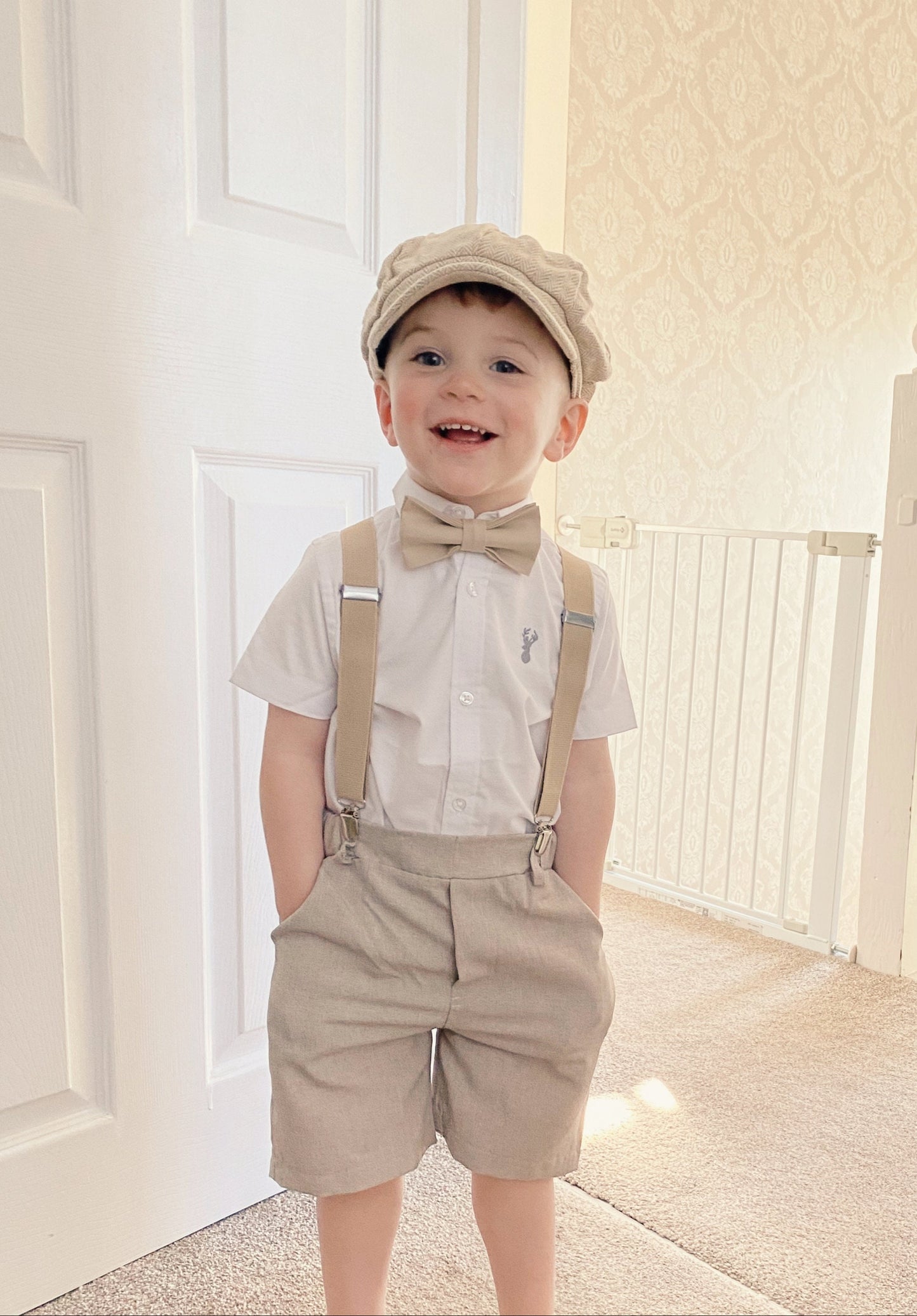 Applejack Newsboy Cap | Biscotti Bow Tie | Champagne Tan Suspenders Wedding Set for Boys