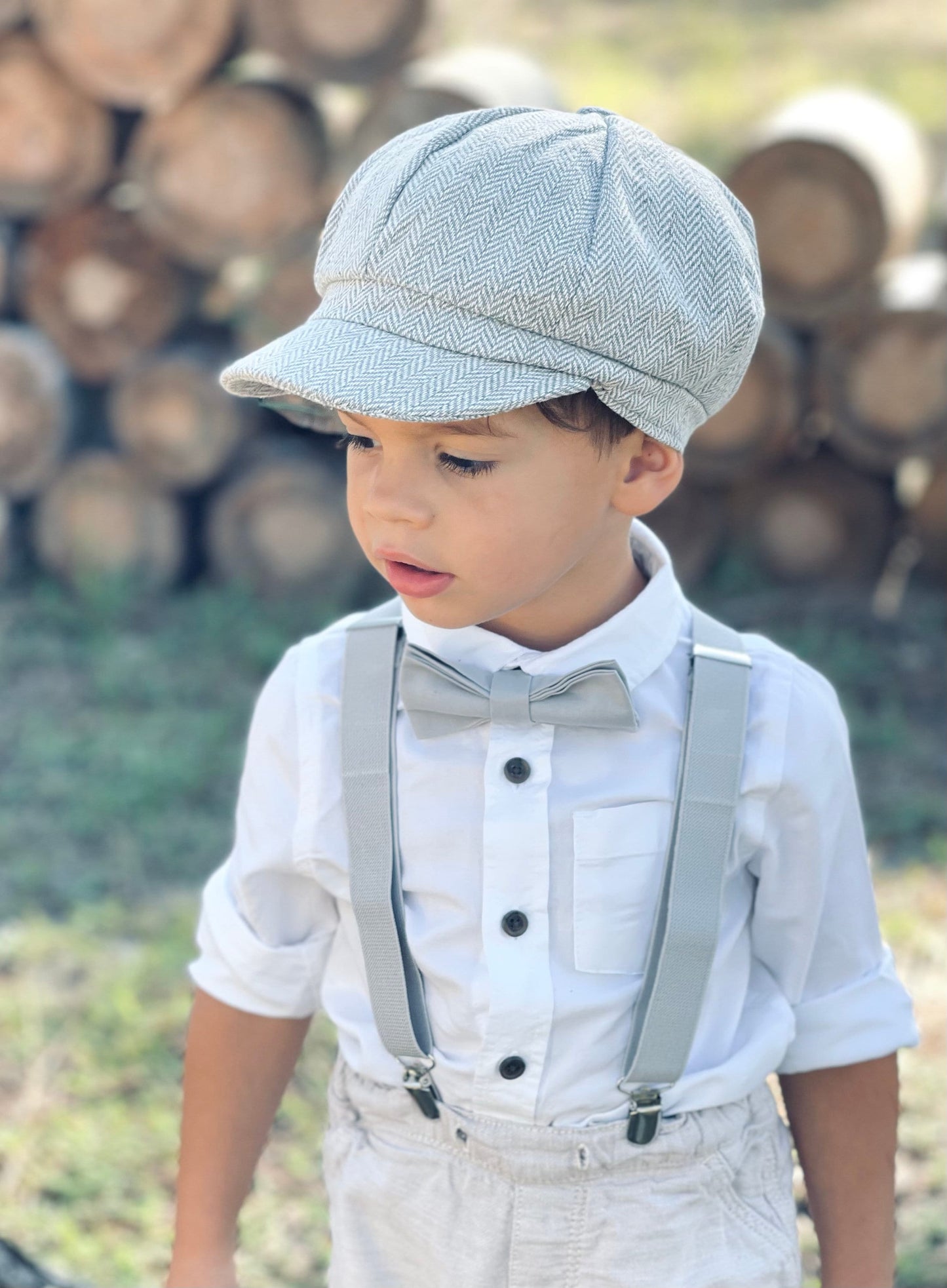 Light Gray Suspenders and Baby Pink Bow Tie Set with Men's Pocket Square - Perfect Groomsmen Gift and Wedding Groom Outfit Accessory
