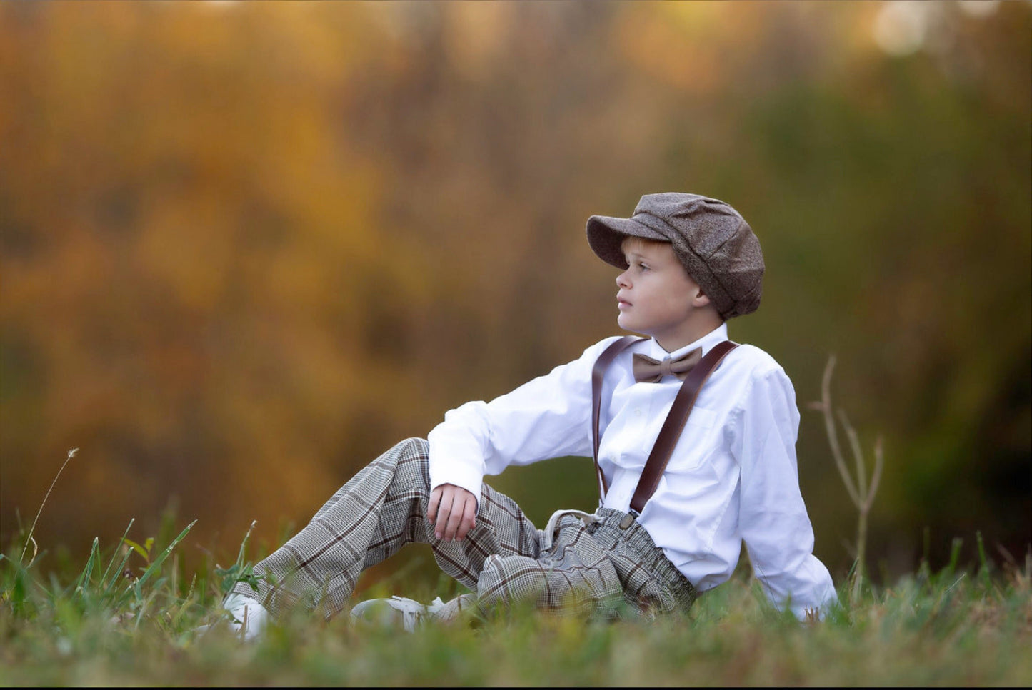Taupe Newsboy Cap, Applejack hat & Taupe Bow Tie, Vegan Leather Suspenders , Best Man Ring bearer Toddler Hat Set, Wedding outfit