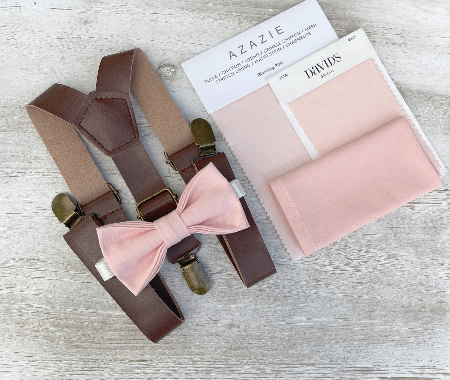 Blush Bow tie & Suspenders, Vegan Leather Braces, Petal Bow Tie, Pocket Square, Ring Bearer Outfit, Boho Wedding