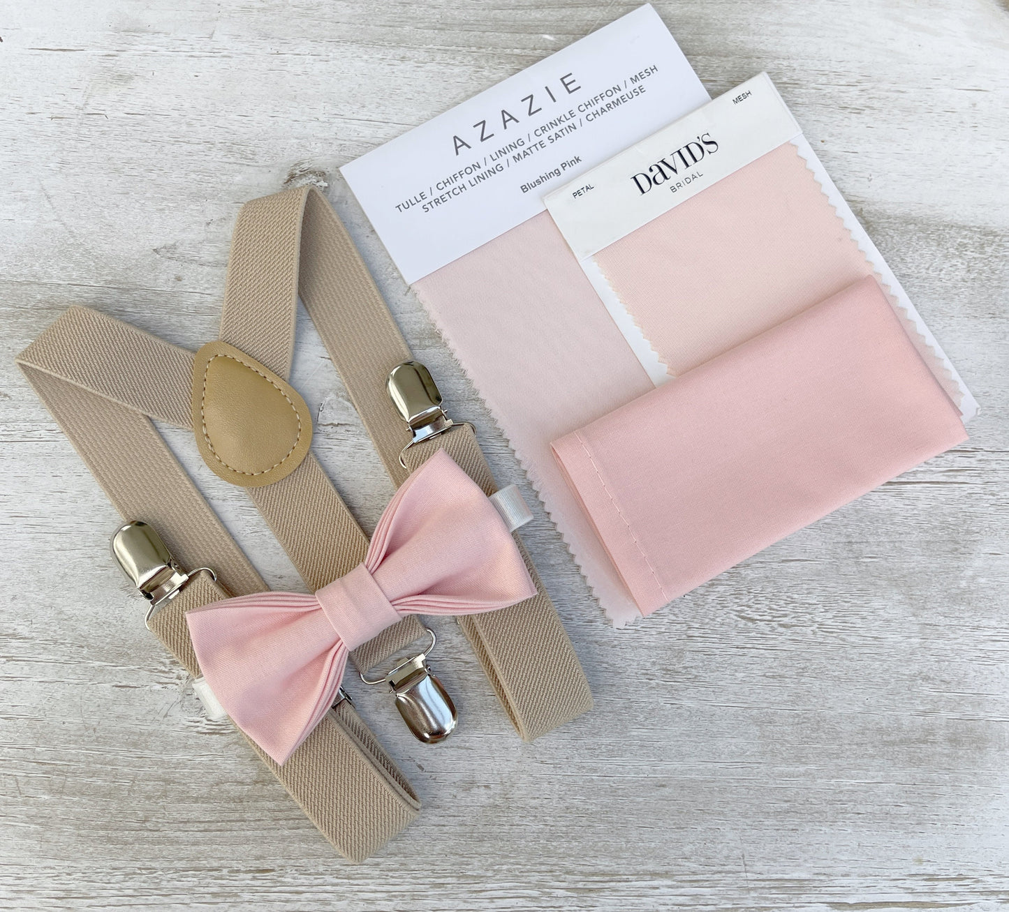 Blush Bow tie & Suspenders | Champagne Tan Braces, Petal Bow Tie, Pocket Square, Ring Bearer Outfit, Boho Wedding