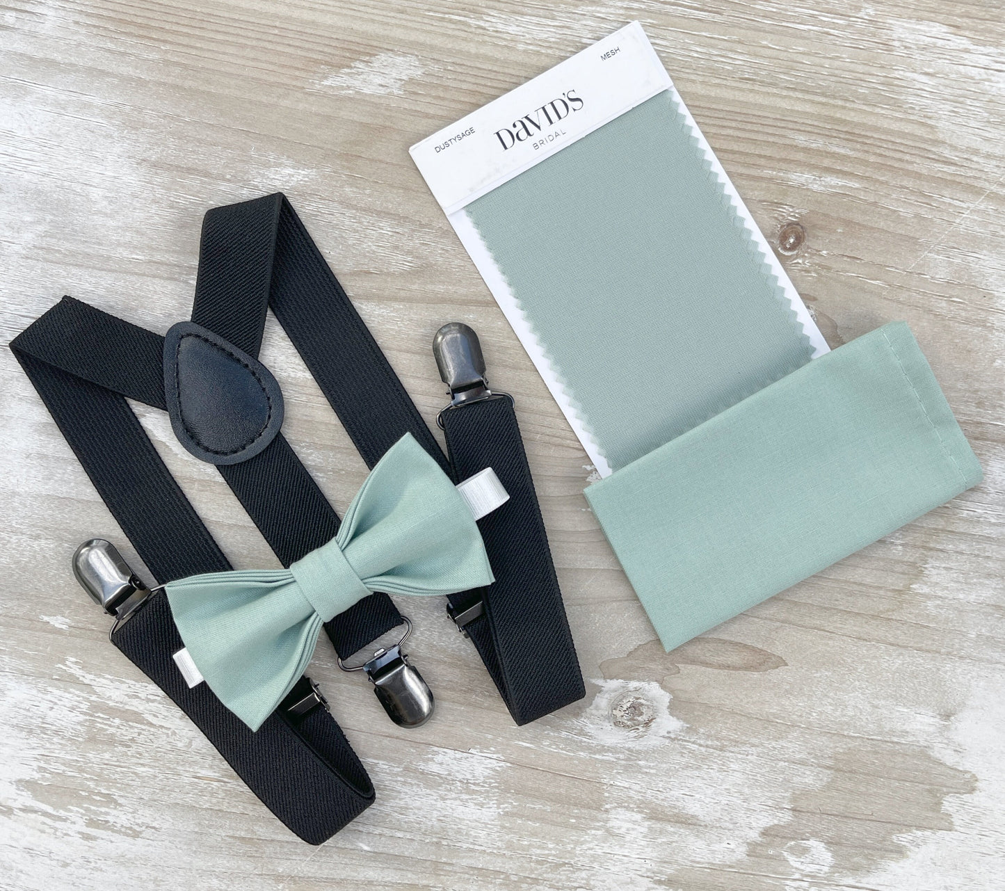 Dusty Sage Bow tie & Suspenders | Black Braces | Agave Bow | Pocket Square | Ring Bearer Outfit | Rustic Boho Wedding | Groomsman Gift
