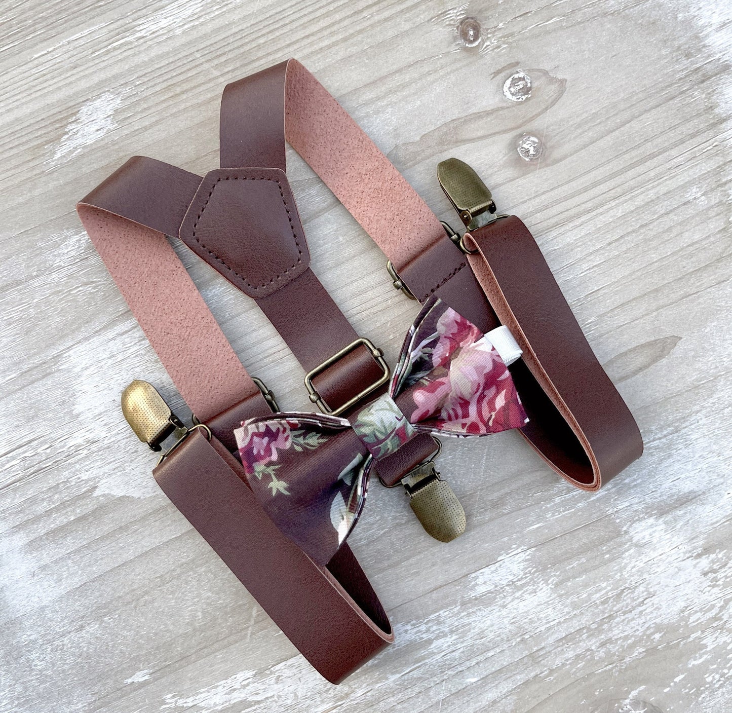 Rustic Leather Suspenders and Vintage Floral Bow Tie Set - Perfect for Wedding Attire