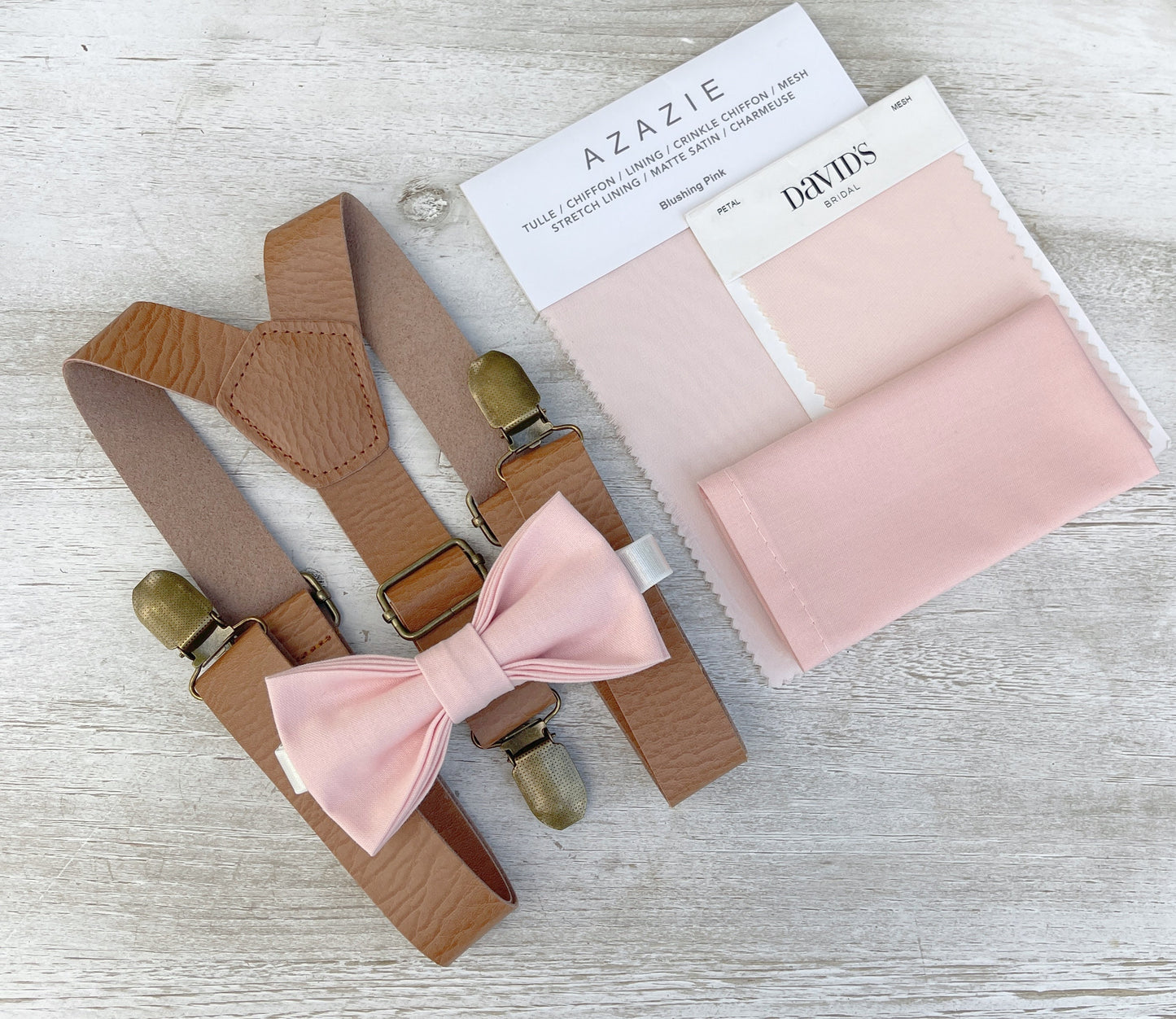 Blush Bow tie & Vegan Leather Suspenders, Petal Bow Tie, Pocket Square, Ring Bearer Outfit, Boho Wedding