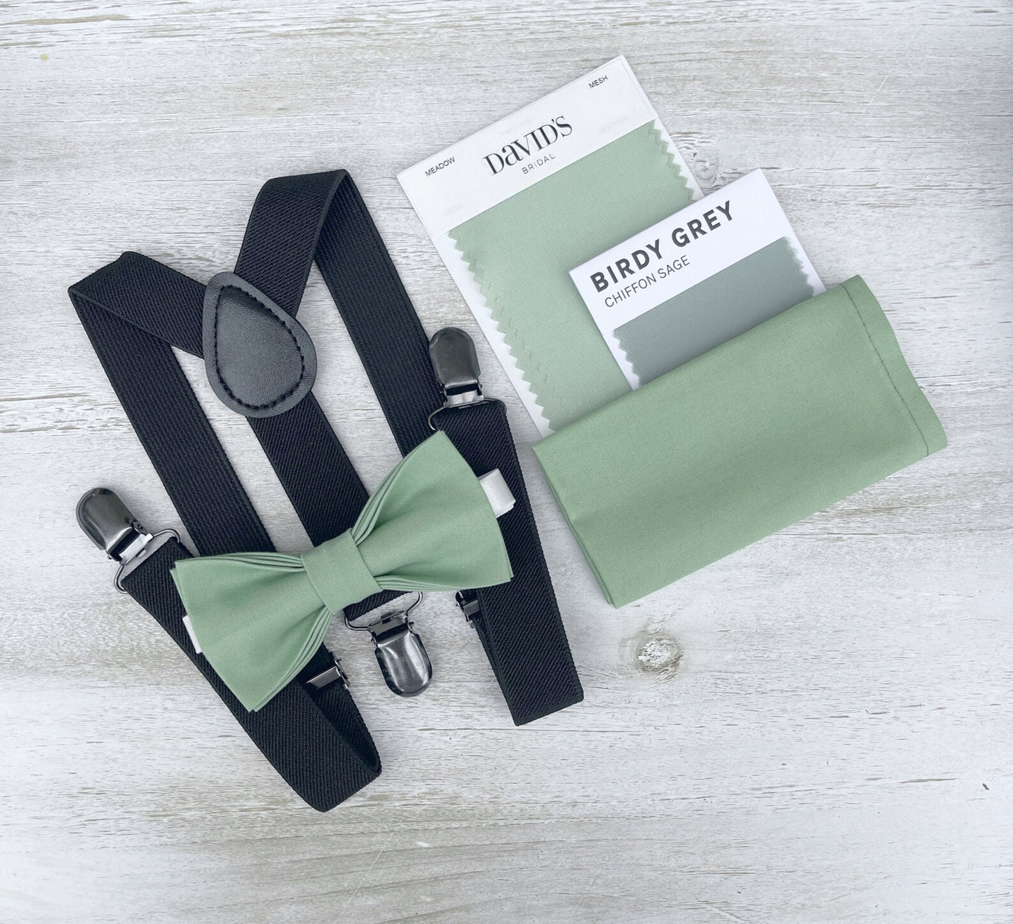 Matcha Bow tie & Suspenders | Black Braces | Sage Meadow Green Bow | Pocket Square | Ring Bearer Outfit | Boho Rustic Wedding