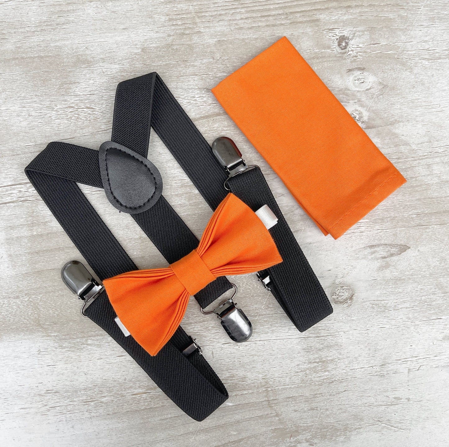 Orange Bow tie & Suspenders | Black Braces | Pocket Square | Groomsman Gift | Ring Bearer Outfit | Boho Rustic Wedding