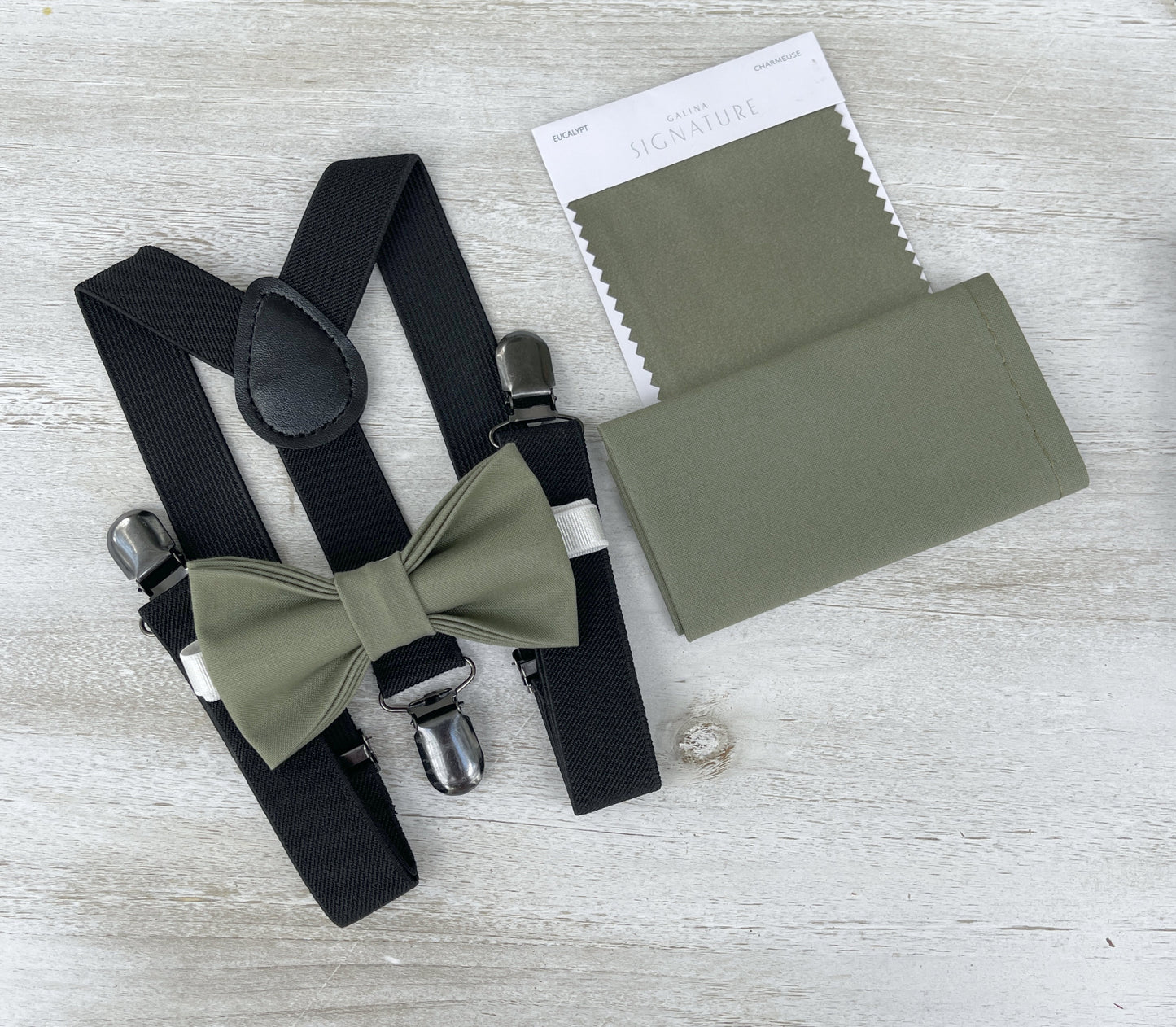 Moss Bow Tie & Suspenders – All Sizes for Men and Boys, Pocket Square, Black Suspenders, Ring Bearer Gift, Rustic Wedding Set