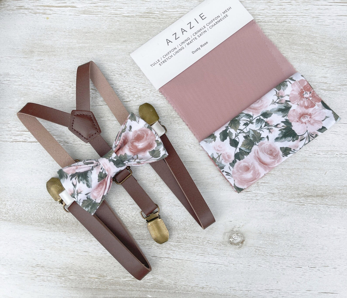 Floral Bow tie & Vegan Leather Skinny Suspenders | Dusty Rose Bow Tie | Pocket Square | Ring Bearer Outfit | Boho Wedding | Groomsman Gift
