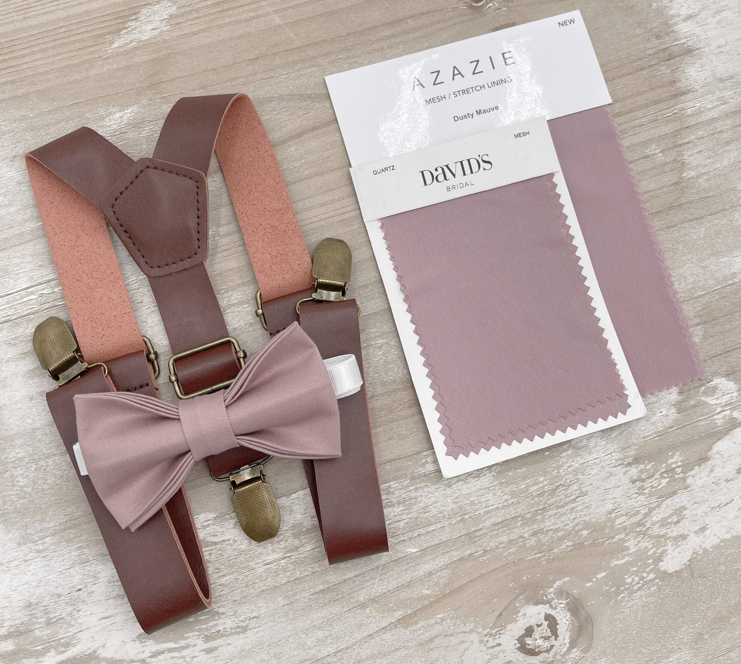 Dusty Mauve Bow tie & Suspenders, Leather Braces, Quartz Bowtie, Pocket Square, Ring Bearer Outfit, Boho Rustic Wedding