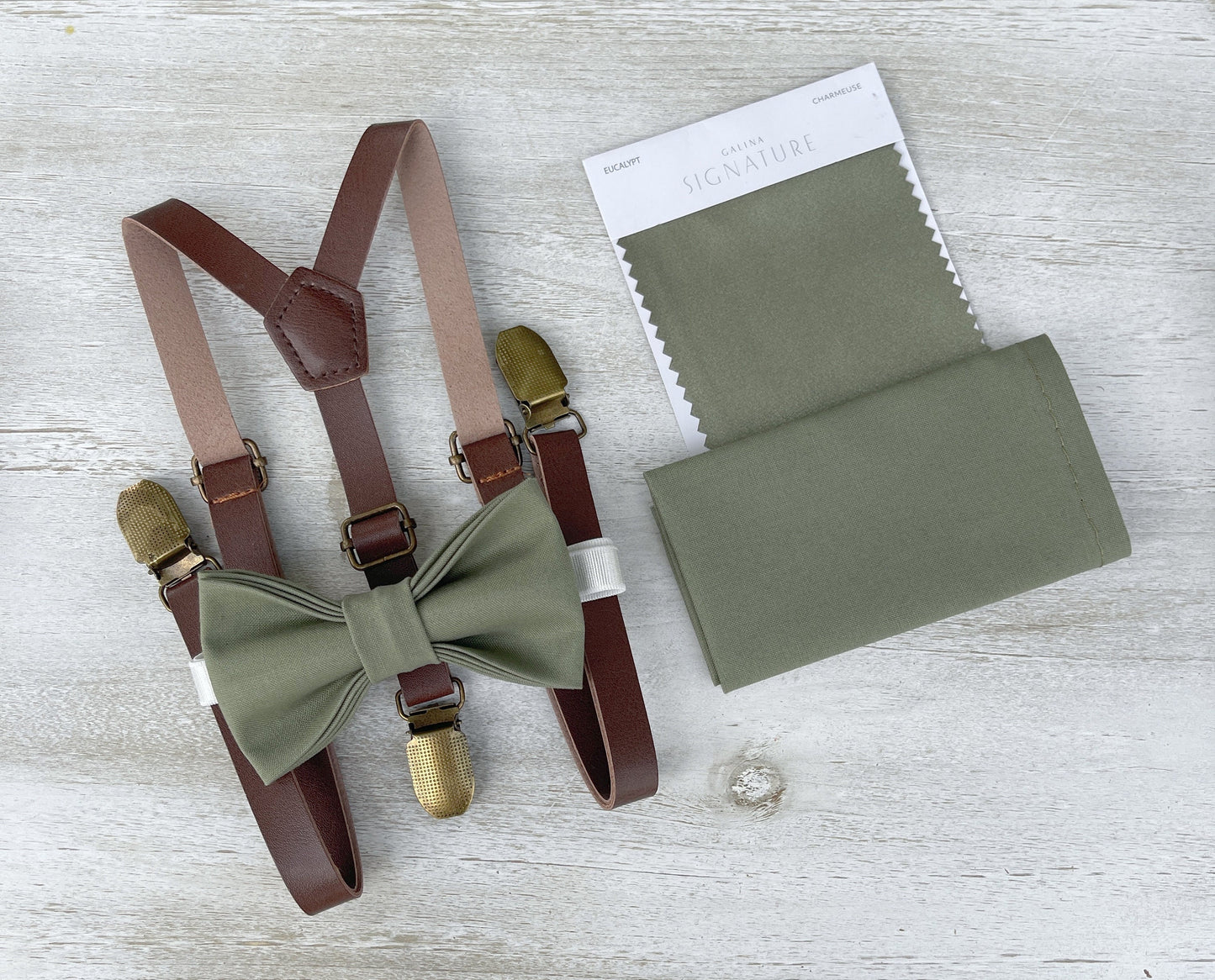Moss Bow tie & Suspenders | Skinny Leather Braces | Eucalypt Bowtie | Pocket Square | Ring Bearer Outfit | Boho Rustic Wedding