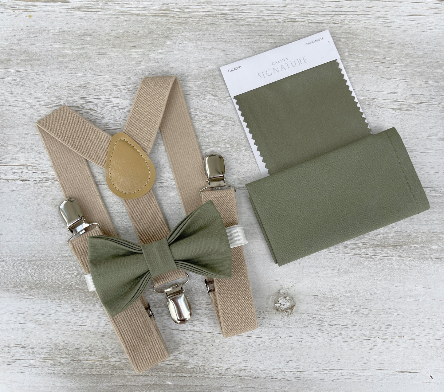 Moss Bow tie & Suspenders | Champagne Tan Braces | Eucalypt Bowtie | Pocket Square | Ring Bearer Outfit | Boho Rustic Wedding