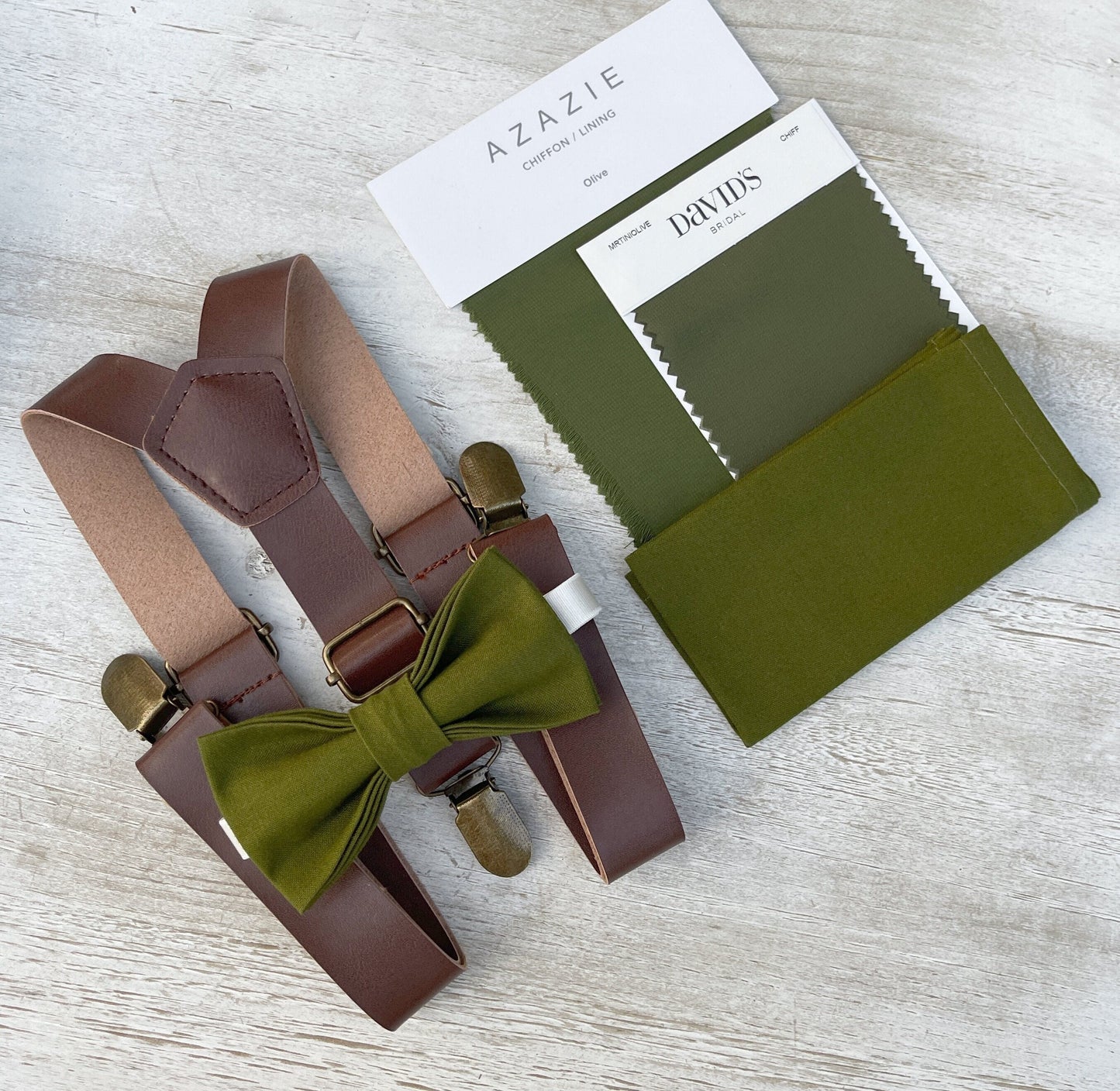 Olive Bow tie & Suspenders | Leather Braces | Pocket Square | Ring Bearer Outfit | Boho Rustic Wedding