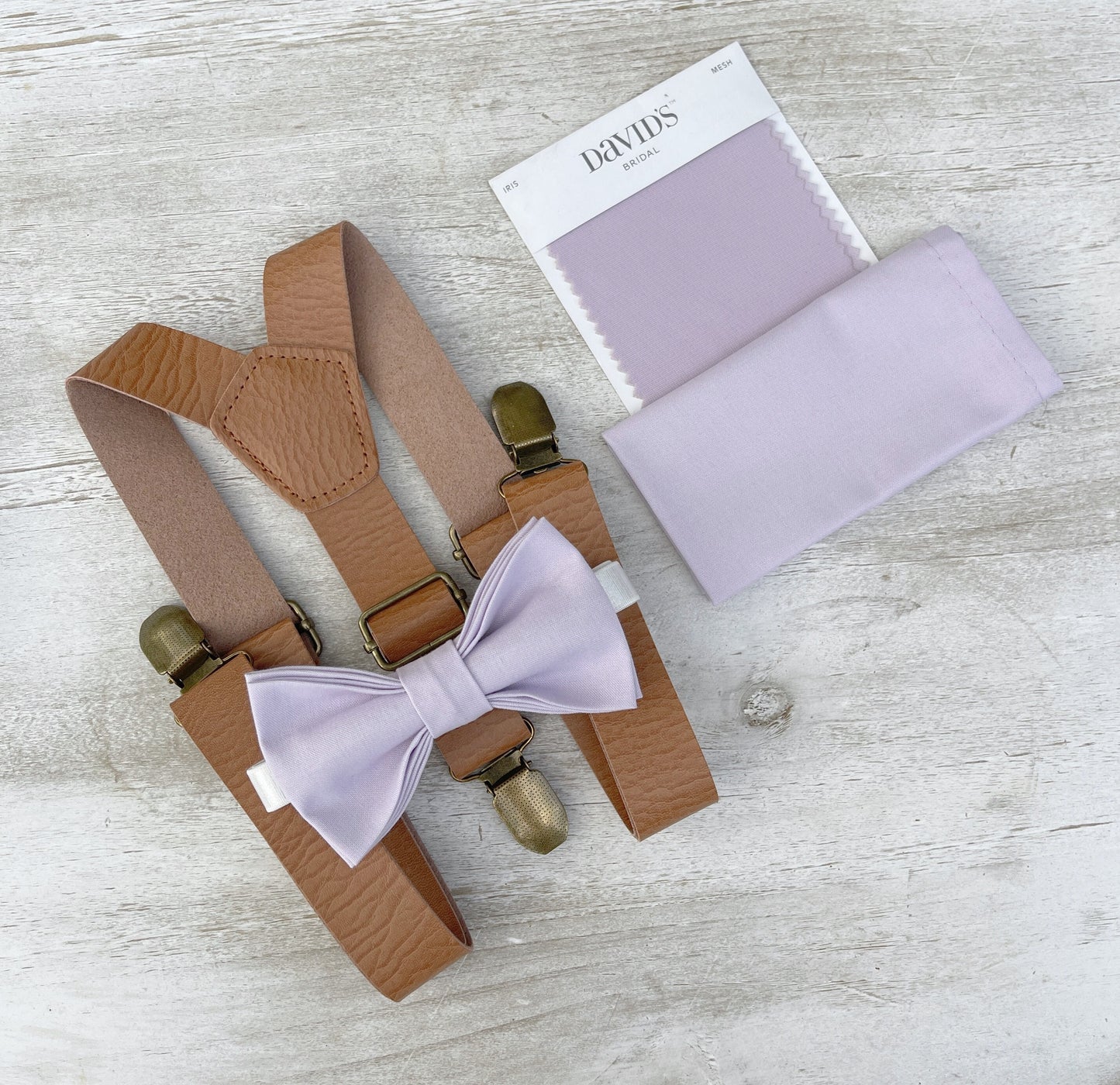 Iris Bow tie & Suspenders | Leather Light Brown Braces | Pocket Square | Ring Bearer Outfit | Boho Rustic Wedding