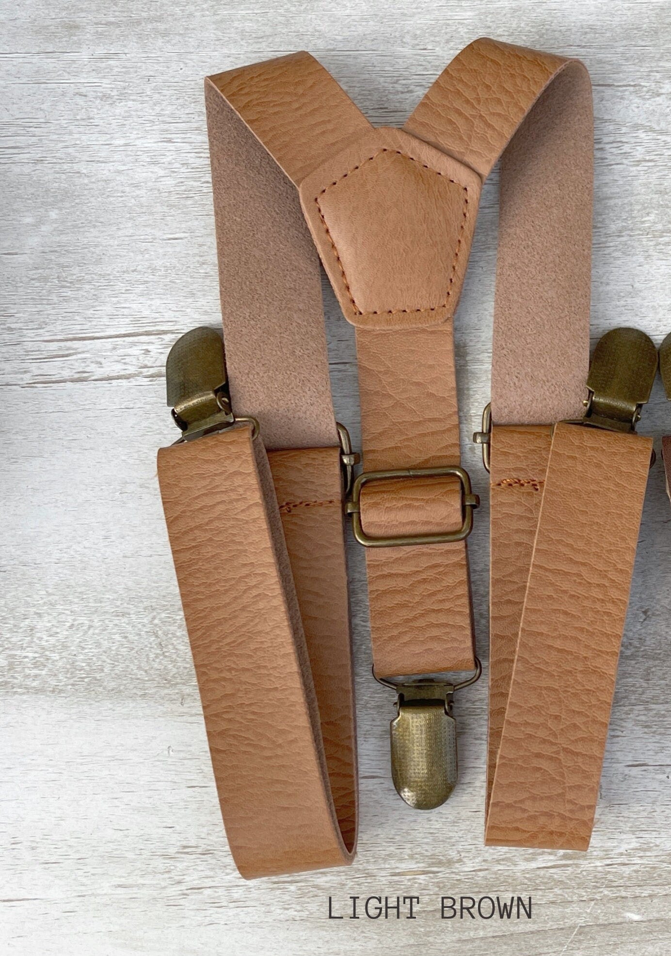 Men's Dark Wisteria Bow Tie | Leather Suspenders | Light Brown Braces | Pocket Square - Perfect Groomsmen Wedding Outfit and Ring Bearer Gift