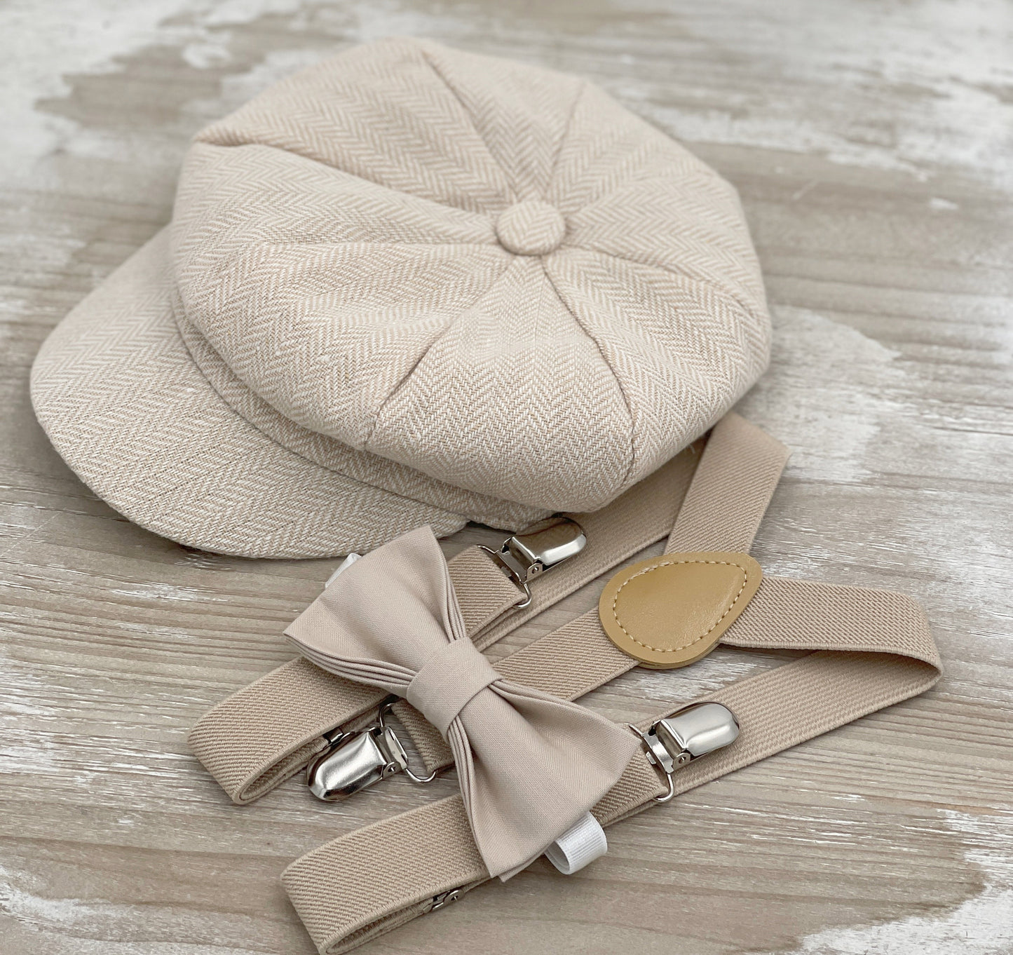 Applejack Newsboy Cap | Biscotti Bow Tie | Champagne Tan Suspenders Wedding Set for Boys