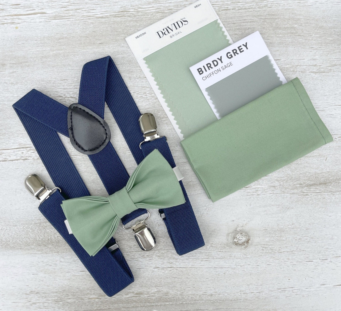 Matcha Bow tie & Suspenders | Navy Braces | Sage Meadow Green Bow | Pocket Square | Ring Bearer Outfit | Boho Rustic Wedding