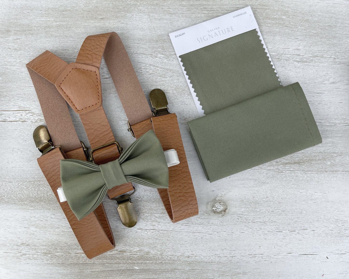 Moss Bow Tie & Suspenders – All Sizes for Men and Boys, Leather Suspenders, Pocket Square, Ring Bearer Outfit, Boho Rustic Wedding