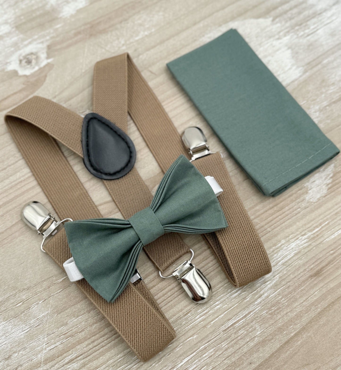 Eucalyptus Bow tie & Suspenders | Taupe Braces | Pocket Square | Ring Bearer Outfit | Boho Wedding | Rustic Wedding Outfit | Groomsman Gift