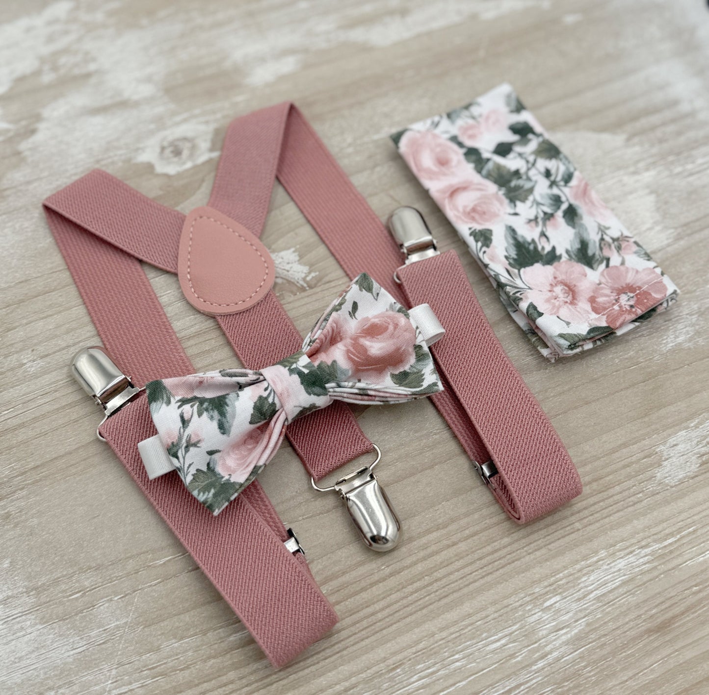 Floral Bow tie & Suspenders, Dusty Rose Braces, Pocket Square, Ring Bearer Outfit, Boho Wedding, Groomsman Gift, Rustic Wedding Set
