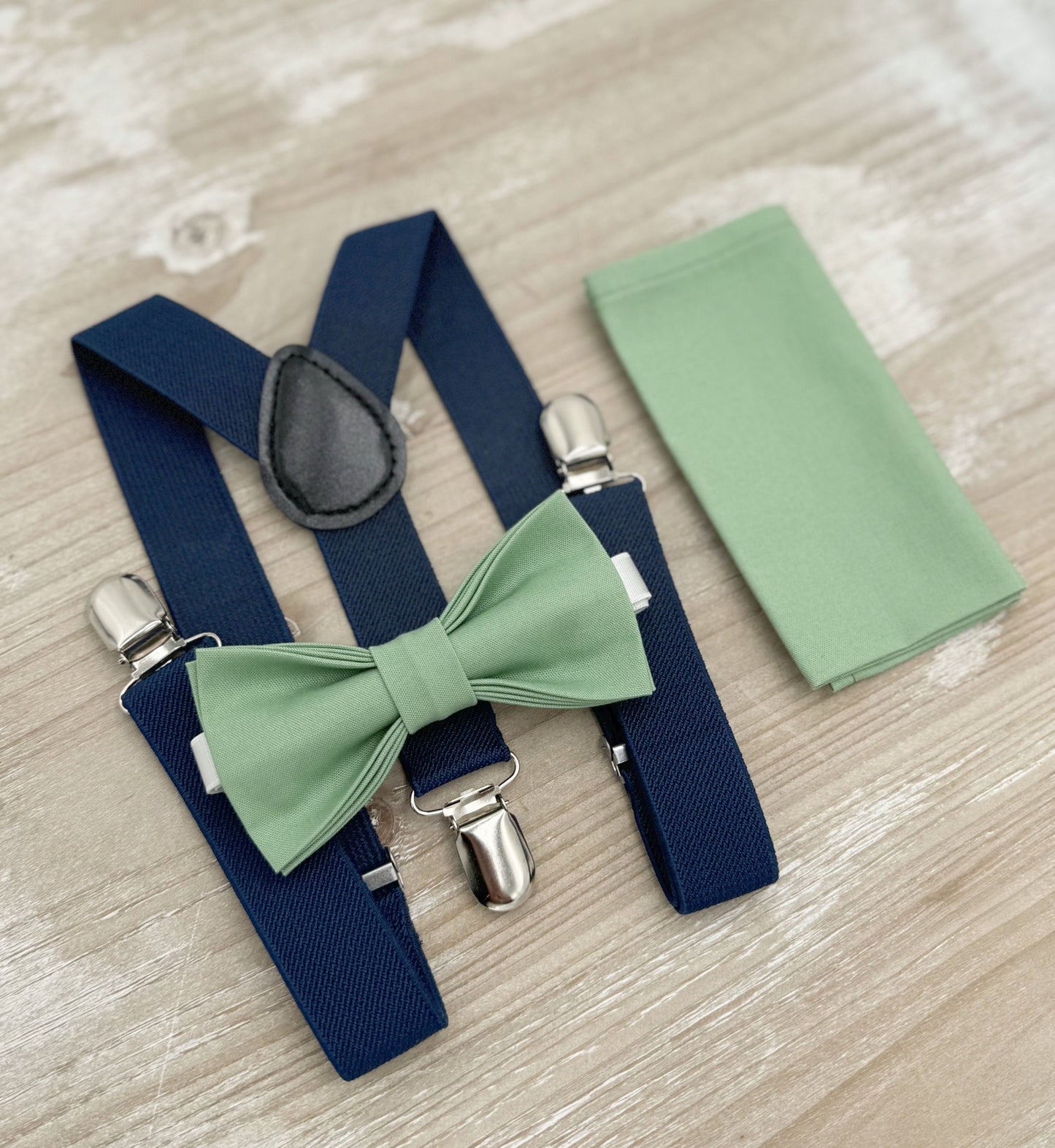 Matcha Bow tie & Suspenders | Navy Braces | Sage Meadow Green Bow | Pocket Square | Ring Bearer Outfit | Boho Rustic Wedding