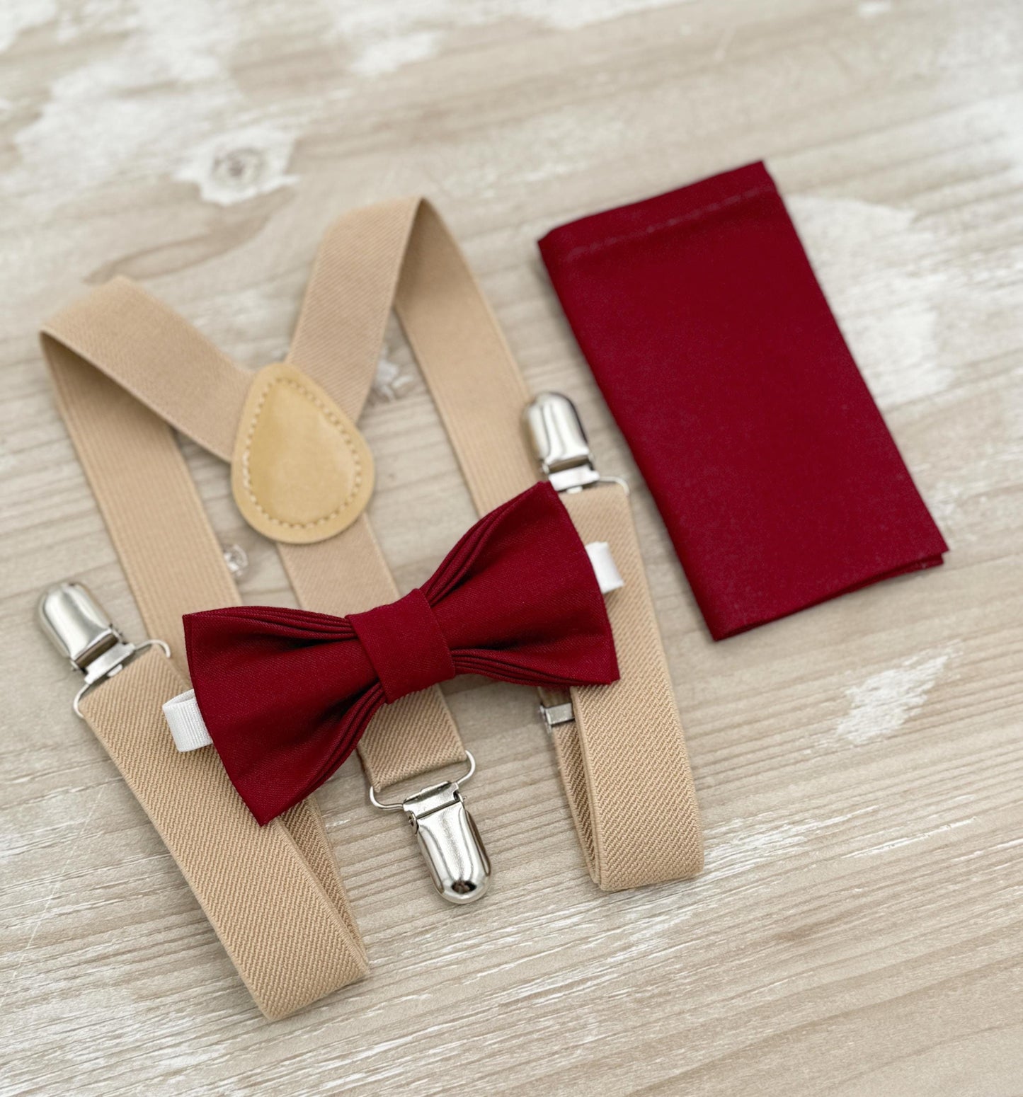 Burgundy Bow tie & Suspenders | Nude Beige Braces | Pocket Square | Ring Bearer Outfit | Boho Rustic Wedding