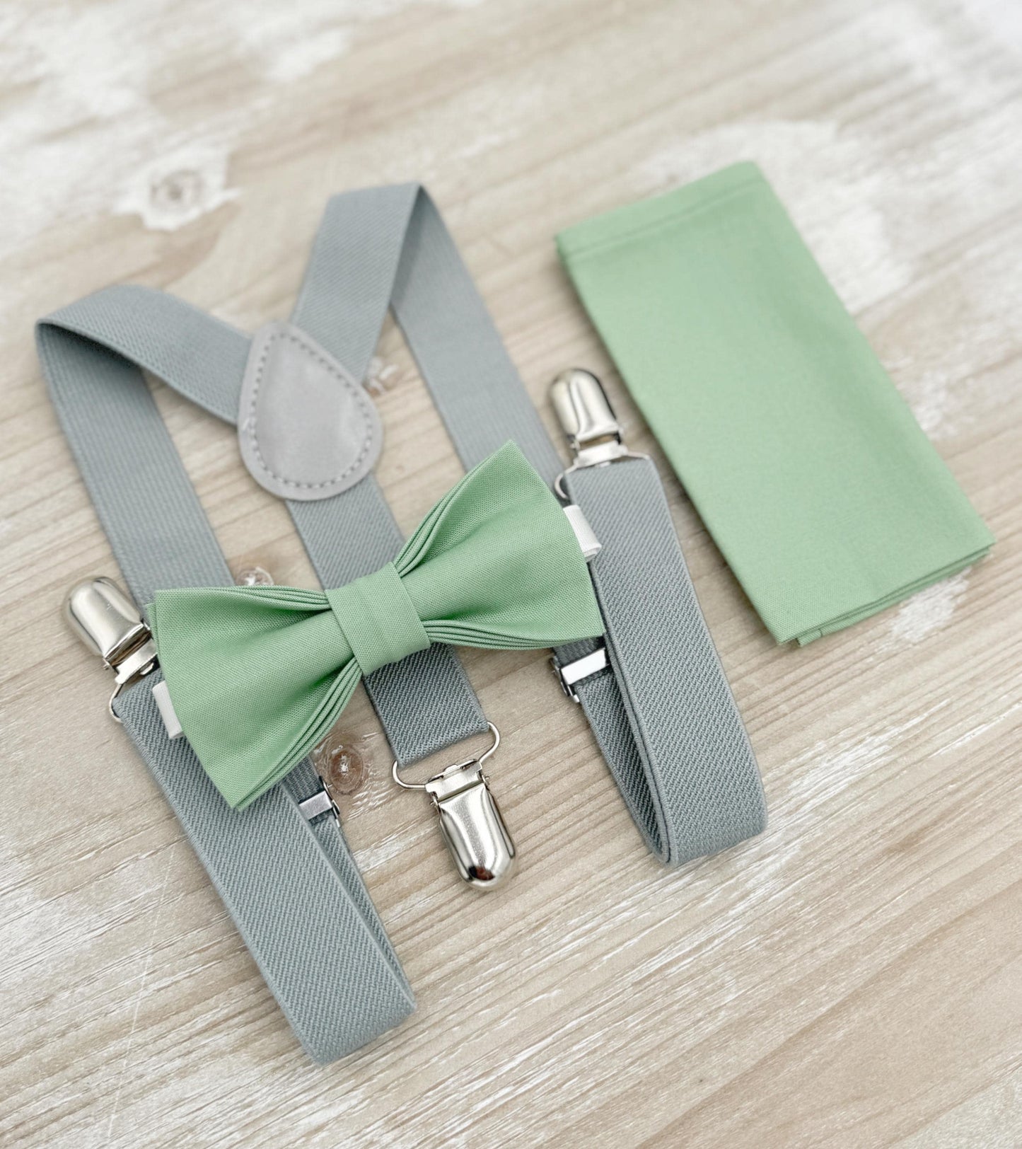 Matcha Bow tie & Suspenders | Dusty Gray Braces | Sage Meadow Green Bow | Pocket Square | Ring Bearer Outfit | Boho Rustic Wedding