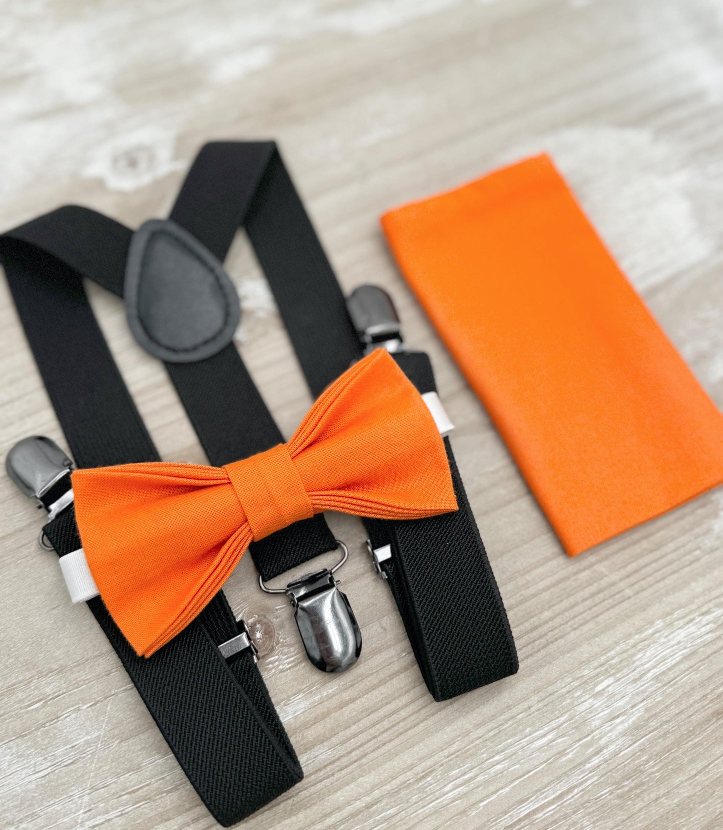 Orange Bow tie & Suspenders | Black Braces | Pocket Square | Groomsman Gift | Ring Bearer Outfit | Boho Rustic Wedding