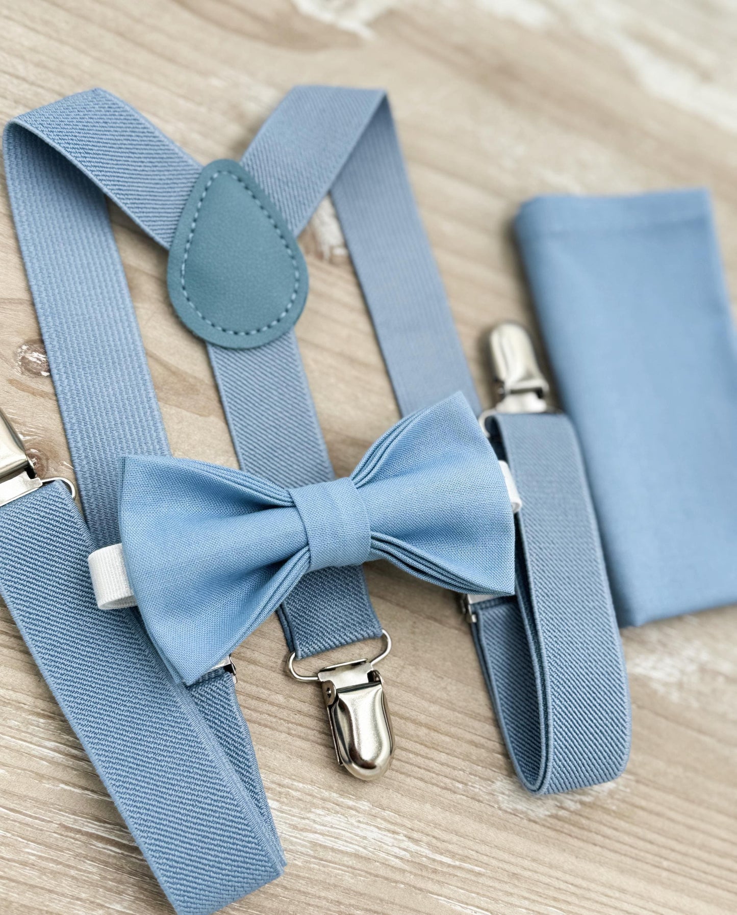 Steel Blue Bow tie & Dusty Blue Suspenders | Pocket Square | Ring Bearer Outfit | Boho Rustic Wedding