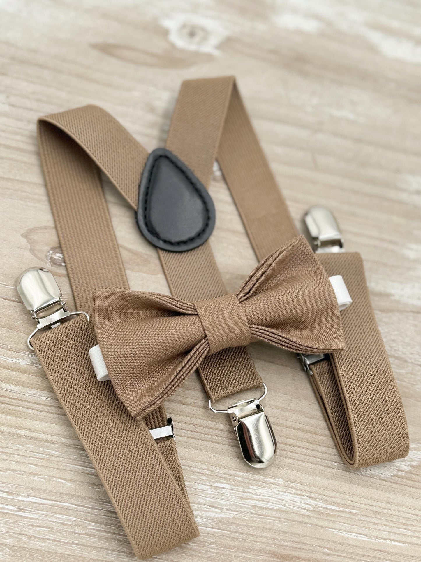 Taupe Bow tie & Suspenders | Pocket Square | Ring Bearer Outfit | Boho Rustic Wedding