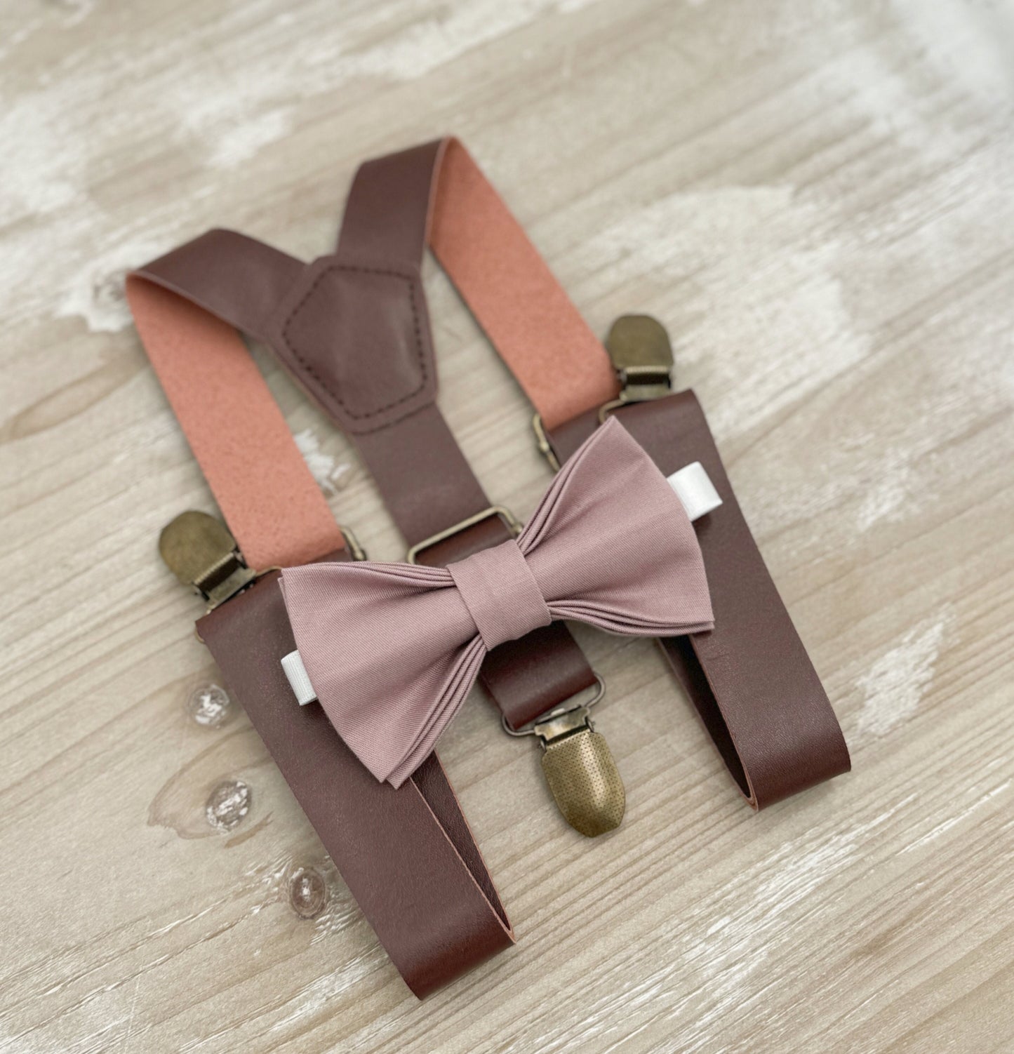 Dusty Mauve Bow tie & Suspenders, Leather Braces, Quartz Bowtie, Pocket Square, Ring Bearer Outfit, Boho Rustic Wedding