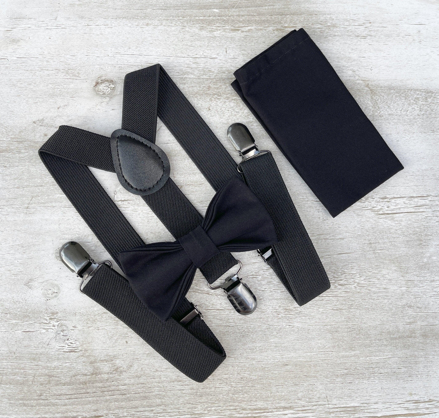 Black Bow tie & Suspenders | Groomsman Bowtie | Page Boy outfit | Pocket Square | Ring Bearer Outfit | Boho Rustic Wedding