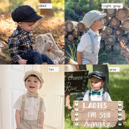 Tweed Newsboy Cap, Navy Blue Applejack Hat, Suspenders, Plaid Bow Tie, Ring Bearer Outfit, Cake Smash Outfit, Page Boy Wedding Set