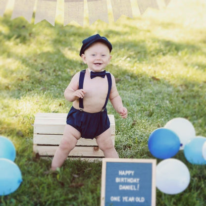 Tweed Newsboy Cap, Navy Blue Applejack Hat, Suspenders, Plaid Bow Tie, Ring Bearer Outfit, Cake Smash Outfit, Page Boy Wedding Set