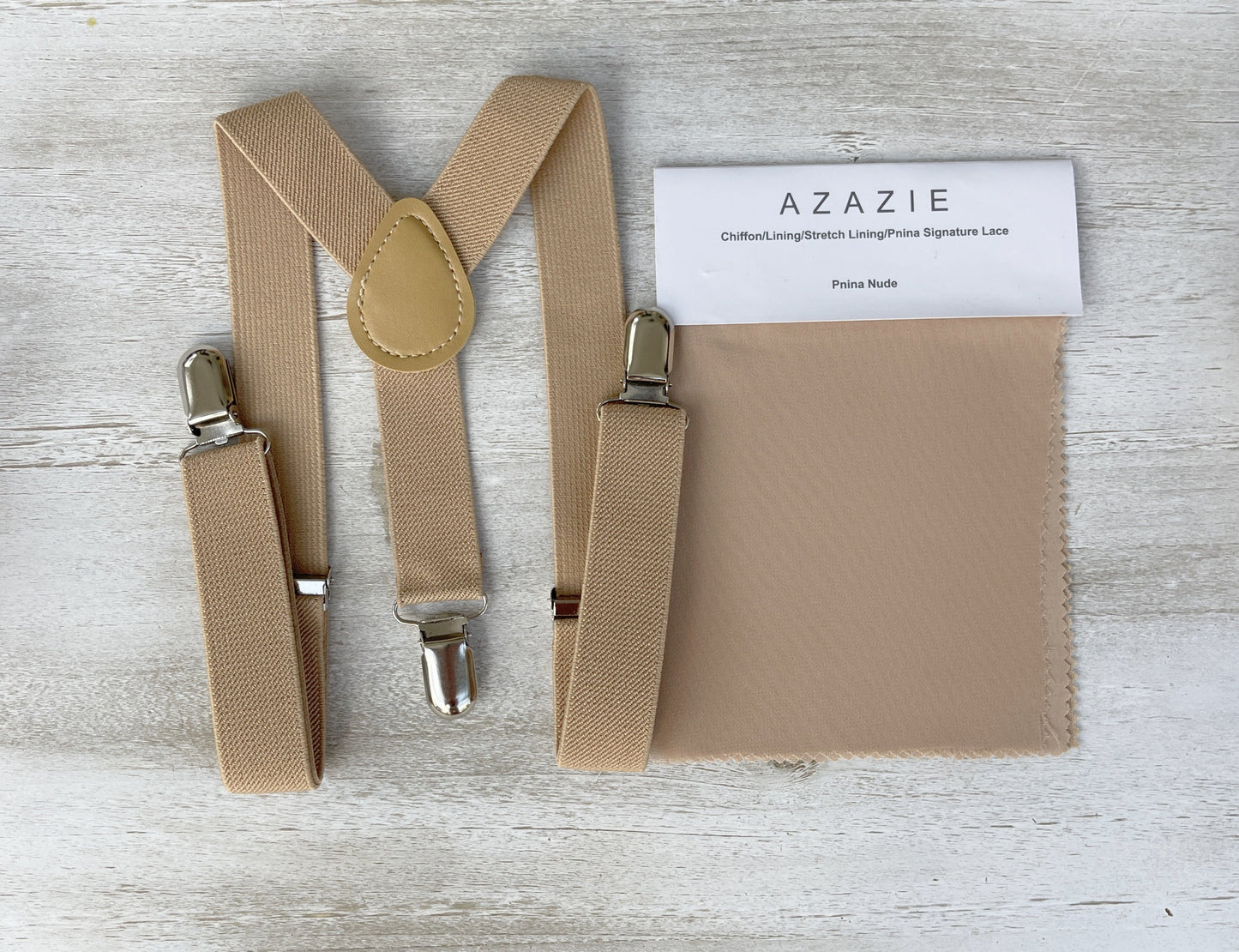 Gold Bow Tie | Beige Nude Suspenders | Men's Pocket Square | Khaki Braces - Perfect Wedding Outfit for Groomsmen and Ring Bearer