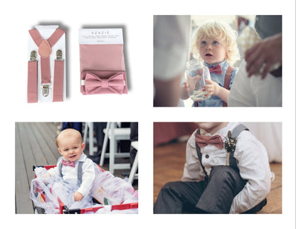Dusty Rose Bow Tie and Suspenders Set – All Sizes for Men and Boys, Pocket Square, Ring Bearer Outfit, Groomsman Gift, Boho Barn Wedding