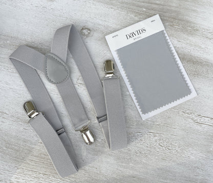 Light Gray Suspenders and Baby Pink Bow Tie Set with Men's Pocket Square - Perfect Groomsmen Gift and Wedding Groom Outfit Accessory