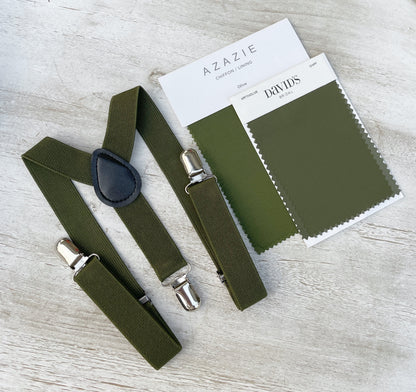 Olive Bow tie & Suspenders | Pocket Square | Dark Green Bowtie | Ring Bearer Outfit | Boho Rustic Wedding