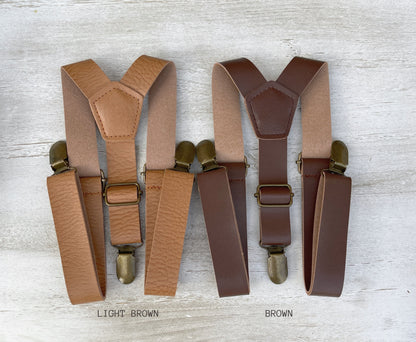 Dark Green Bow Tie and Leather Suspenders Set for Men | Boys Ring Bearer Gift | Groomsmen Gift | Wedding Groom Outfit