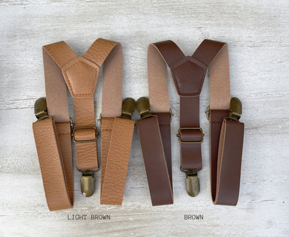 Rustic Leather Suspenders and Vintage Floral Bow Tie Set - Perfect for Wedding Attire