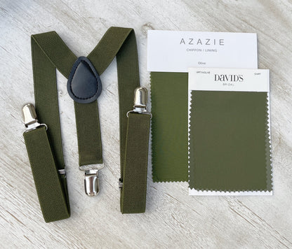 Moss Bow Tie & Suspenders – All Sizes for Men and Boys, Pocket Square, Olive Green Suspenders, Ring Bearer Gift, Rustic Wedding Set