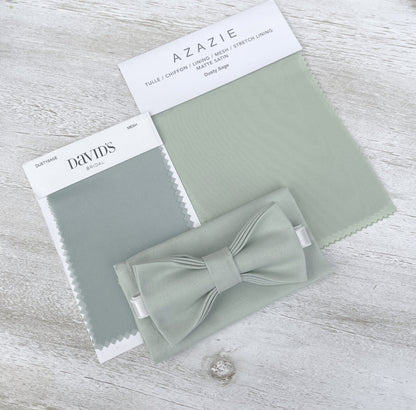 Dusty Sage Bow tie & Suspenders, Skinny Vegan Leather Suspenders, Pocket Square, Ring Bearer Outfit, Boho Wedding Set