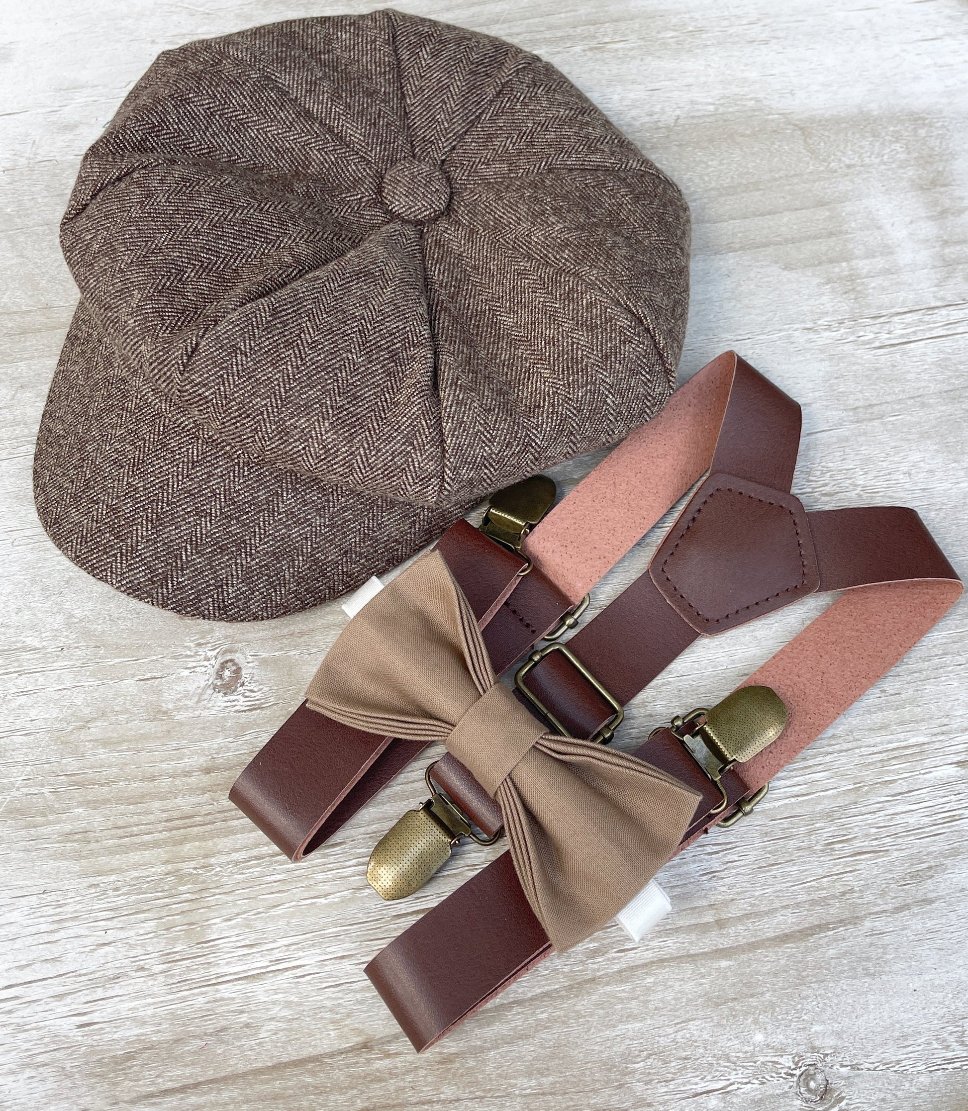 Taupe Newsboy Cap, Applejack hat & Taupe Bow Tie, Vegan Leather Suspenders , Best Man Ring bearer Toddler Hat Set, Wedding outfit