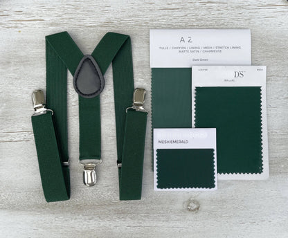 Juniper Bow tie & Suspenders, Dark Green Braces, Emerald Bow, Pocket Square, Ring Bearer Outfit, Boho Rustic Wedding