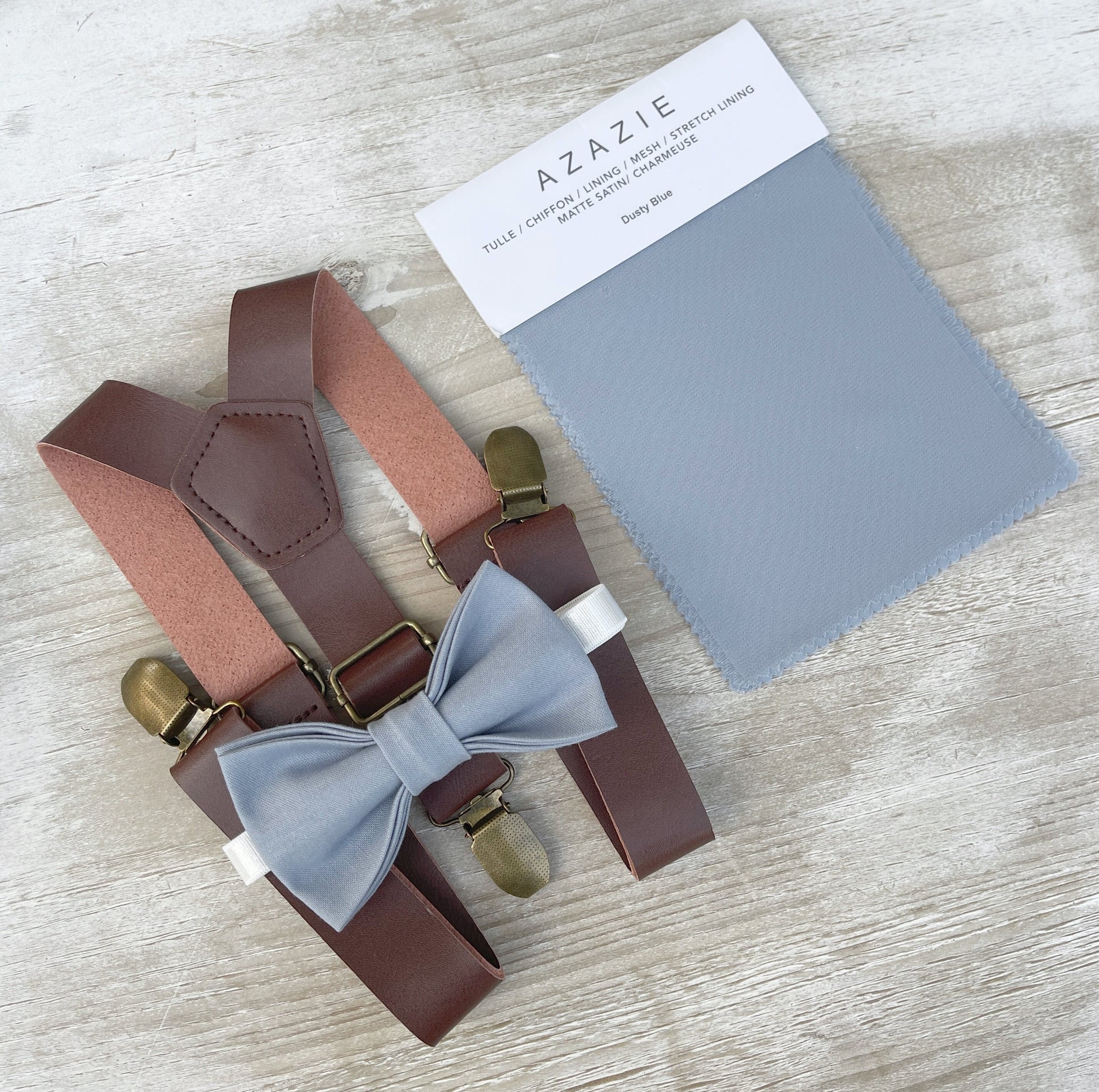 Dusty Blue Bow Tie & Suspenders – All Sizes for Boys and Men, Brown Vegan Leather Braces, Pocket Square, Ring Bearer, Boho Rustic Wedding