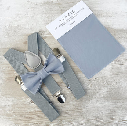 Dusty Blue Bow tie & Suspenders | Dusty Gray Braces | Pocket Square | Ring Bearer Outfit | Boho Rustic Wedding