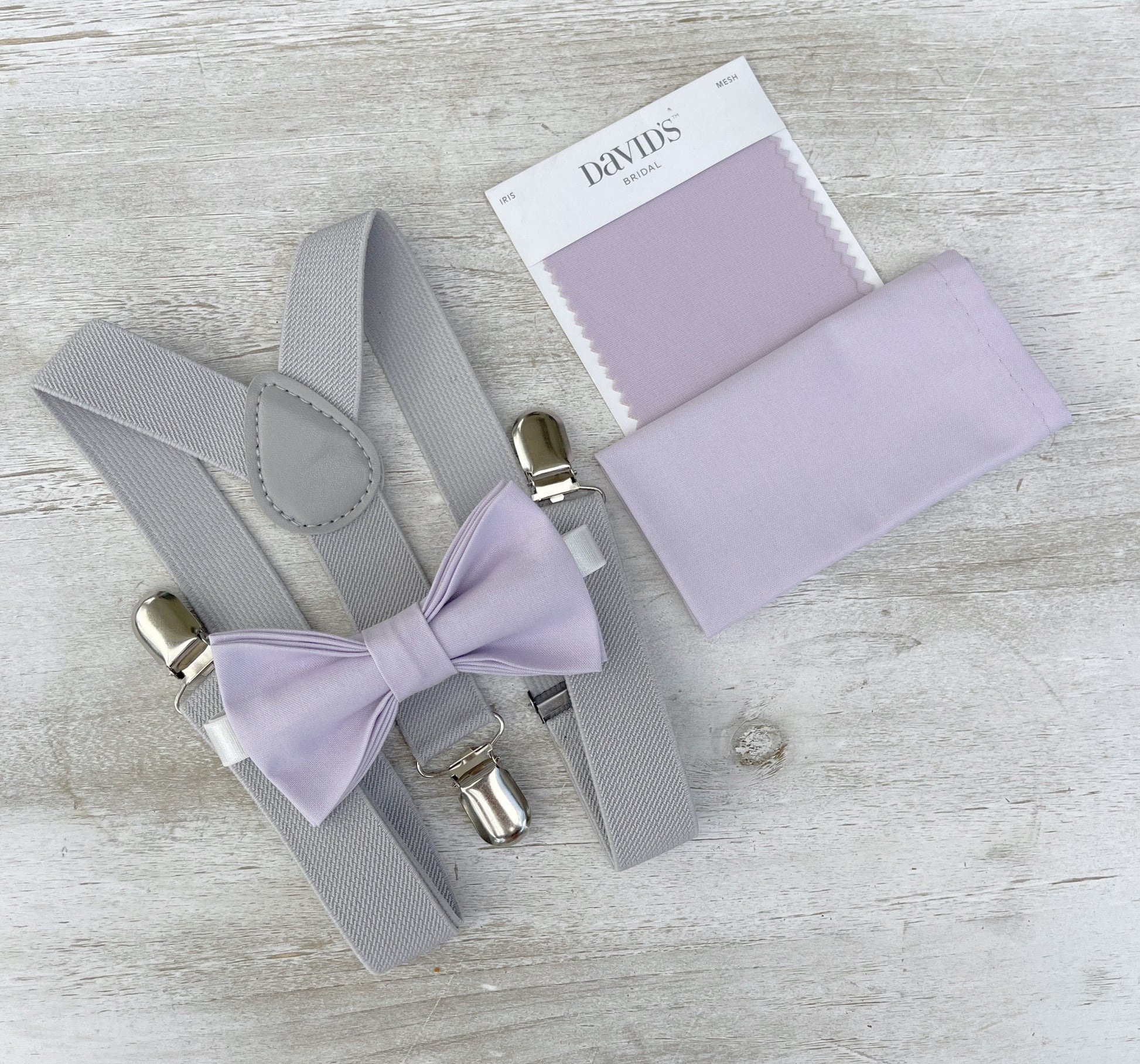 Iris Bow tie & Suspenders | Light Gray Braces | Pocket Square | Ring Bearer Outfit | Boho Rustic Wedding