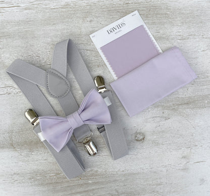 Iris Bow tie & Suspenders | Light Gray Braces | Pocket Square | Ring Bearer Outfit | Boho Rustic Wedding