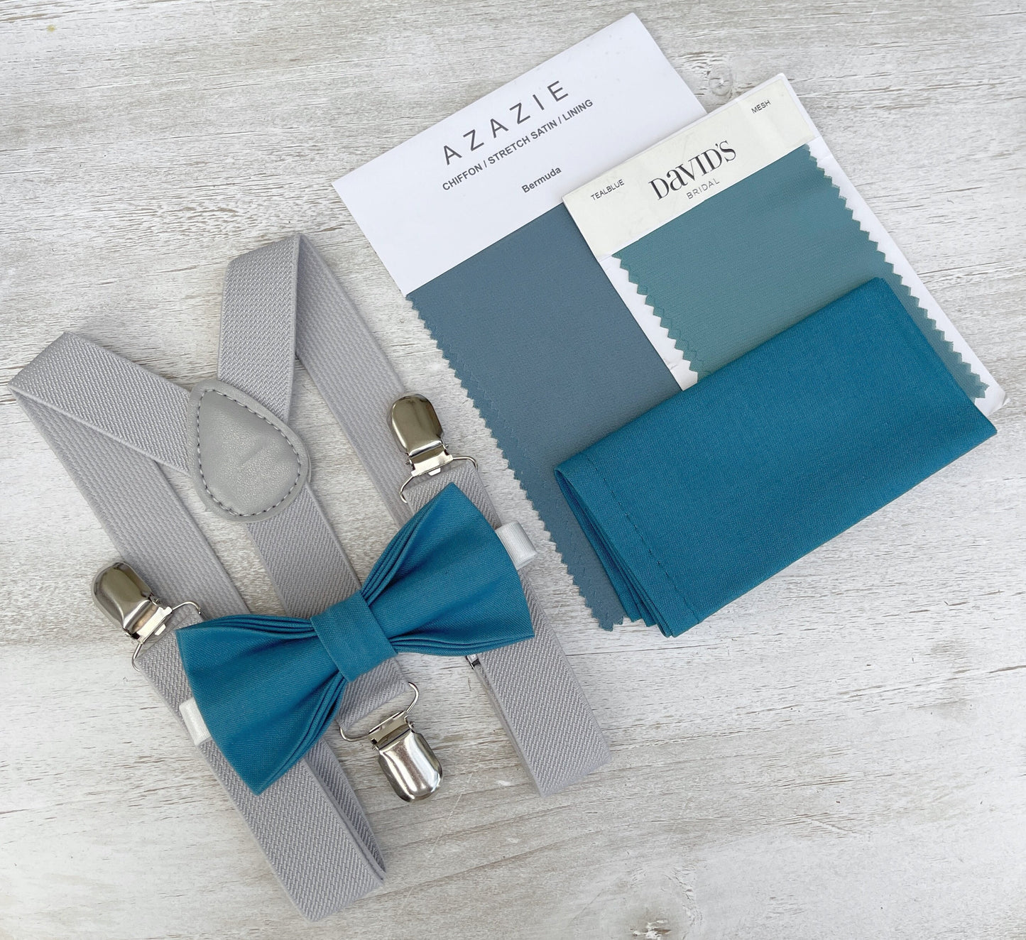 Teal Blue Bow tie & Suspenders | Light Gray Braces | Pocket Square | Ring Bearer Outfit | Boho Rustic Wedding